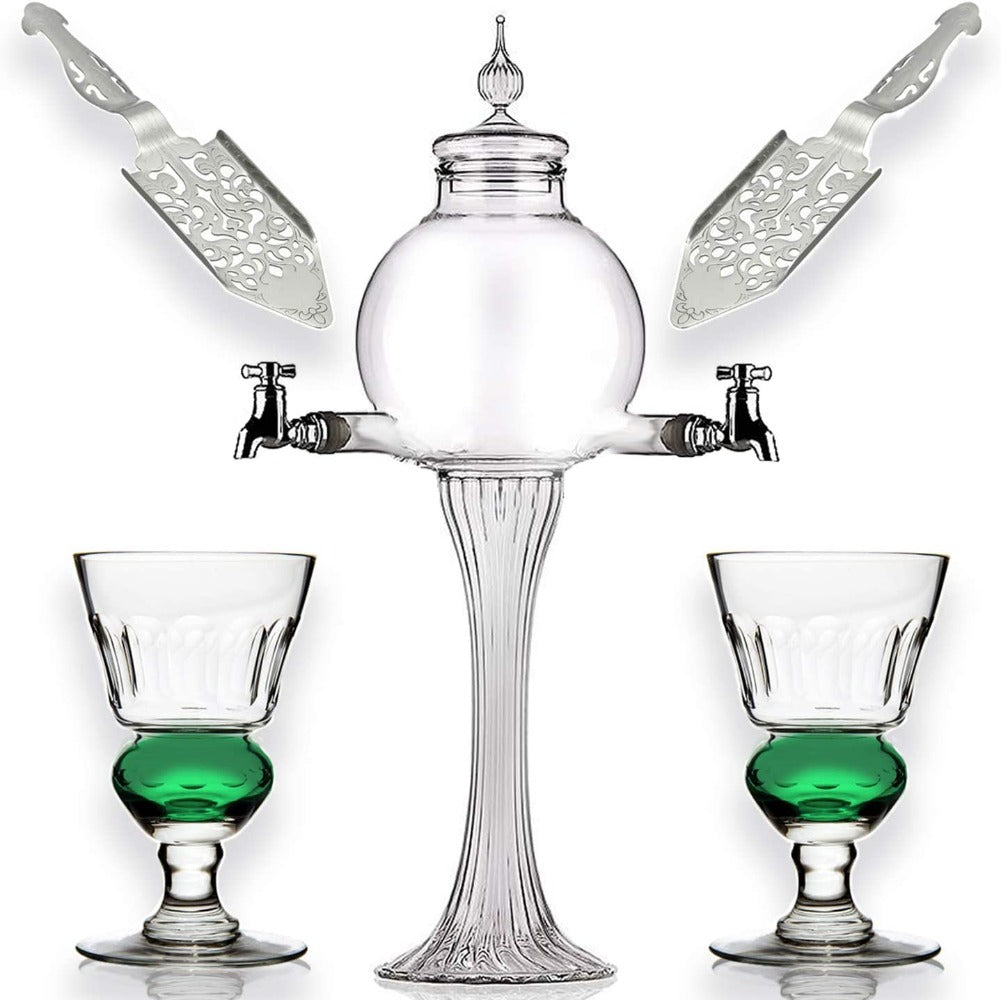 Amehla Co. Absinthe Set that includes two spout fountain, two absinthe spoons, and two absinthe glasses with one ounce reservoir.. 