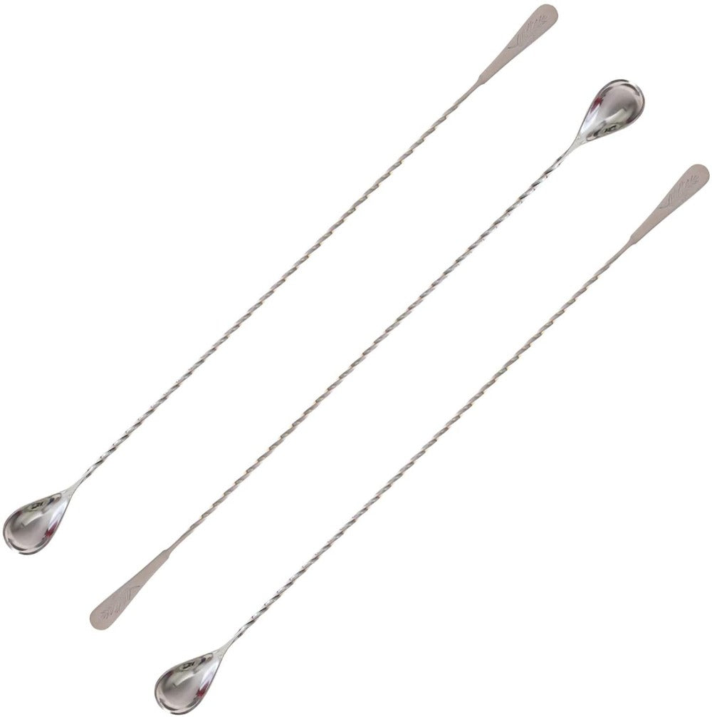 three pack of amehla's extra long stainless steel bar spoon.