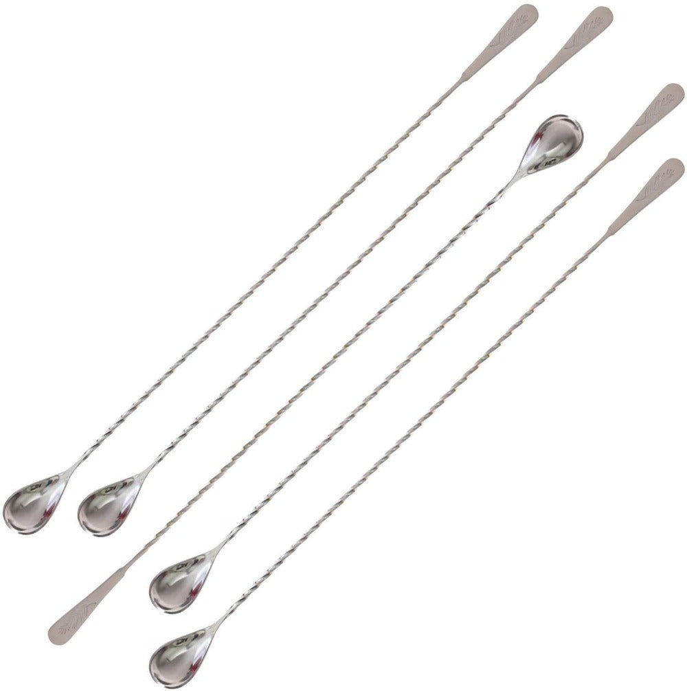 five pack of amehla's extra long stainless steel bar spoon.