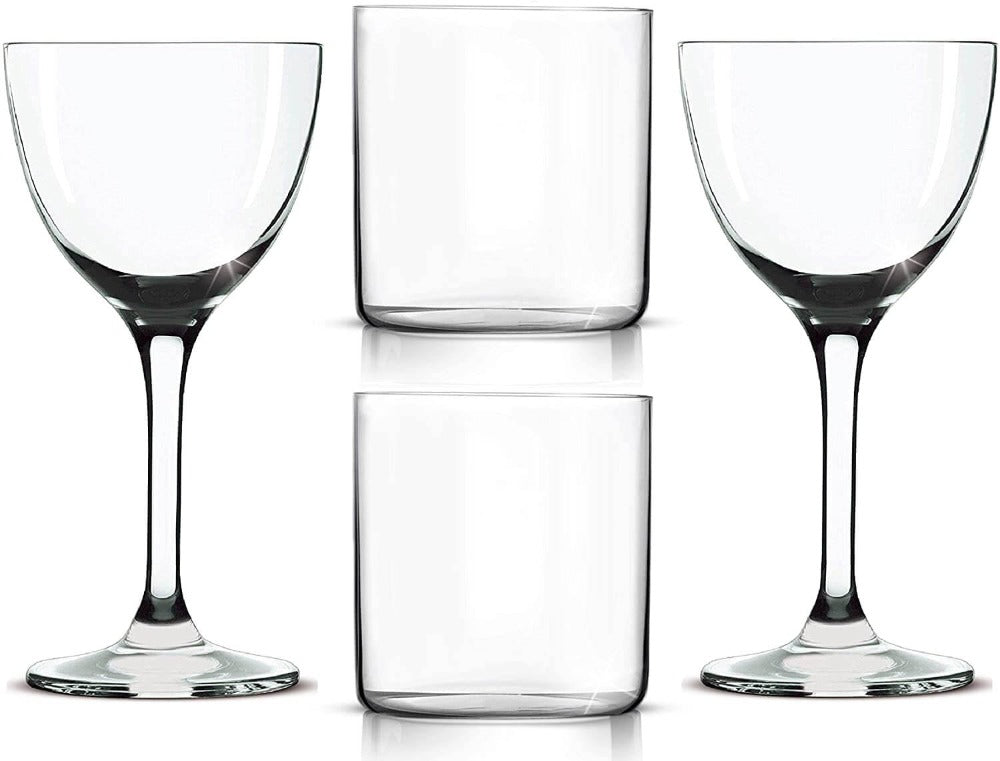 Mixed Glassware Set. Two Thin Old Fashioned Glasses and two traditional Nick and Nora cocktail glasses.